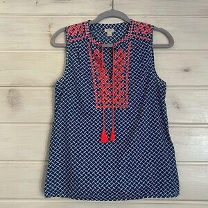 J.Crew Embroidered Sleeveless
Tunic Top Navy White Pattern
Orange Tassel Size 2